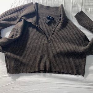 (Sold) Brown Collared Ribbed Quarter Zip Long Sleeve Knit Cropped Sweater